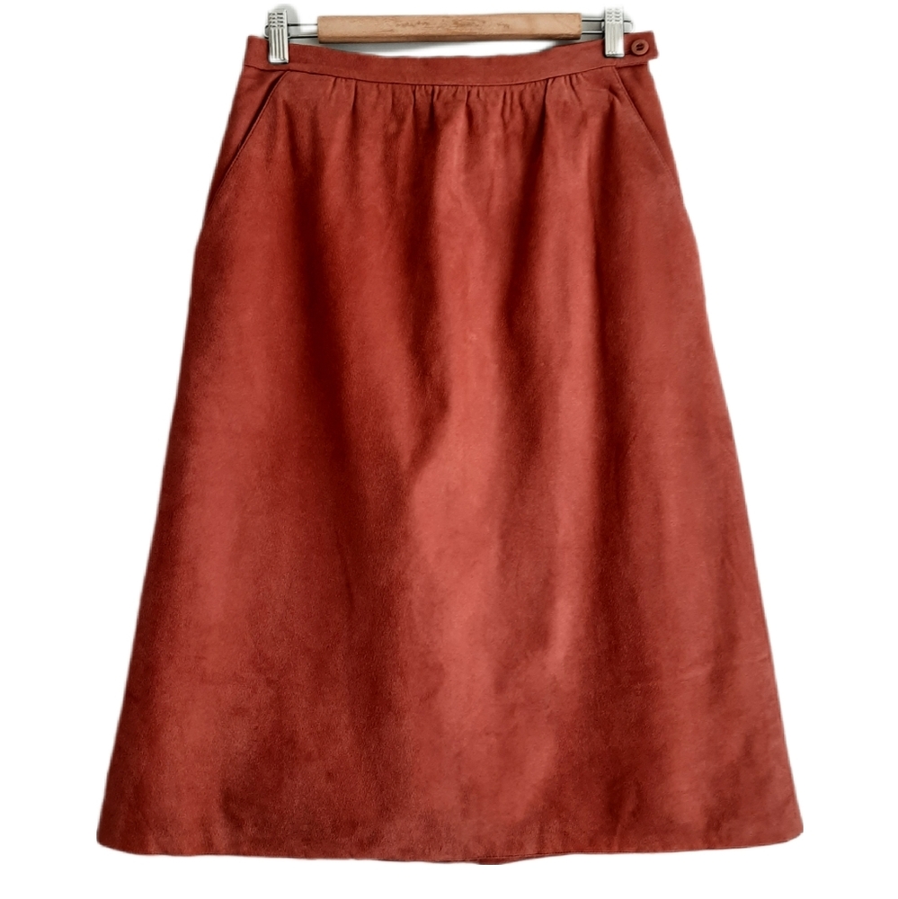 🍒 JOSEPH SIMON Vegan Suede Knee Length Skirt Salmon Pink Sz 14 | L